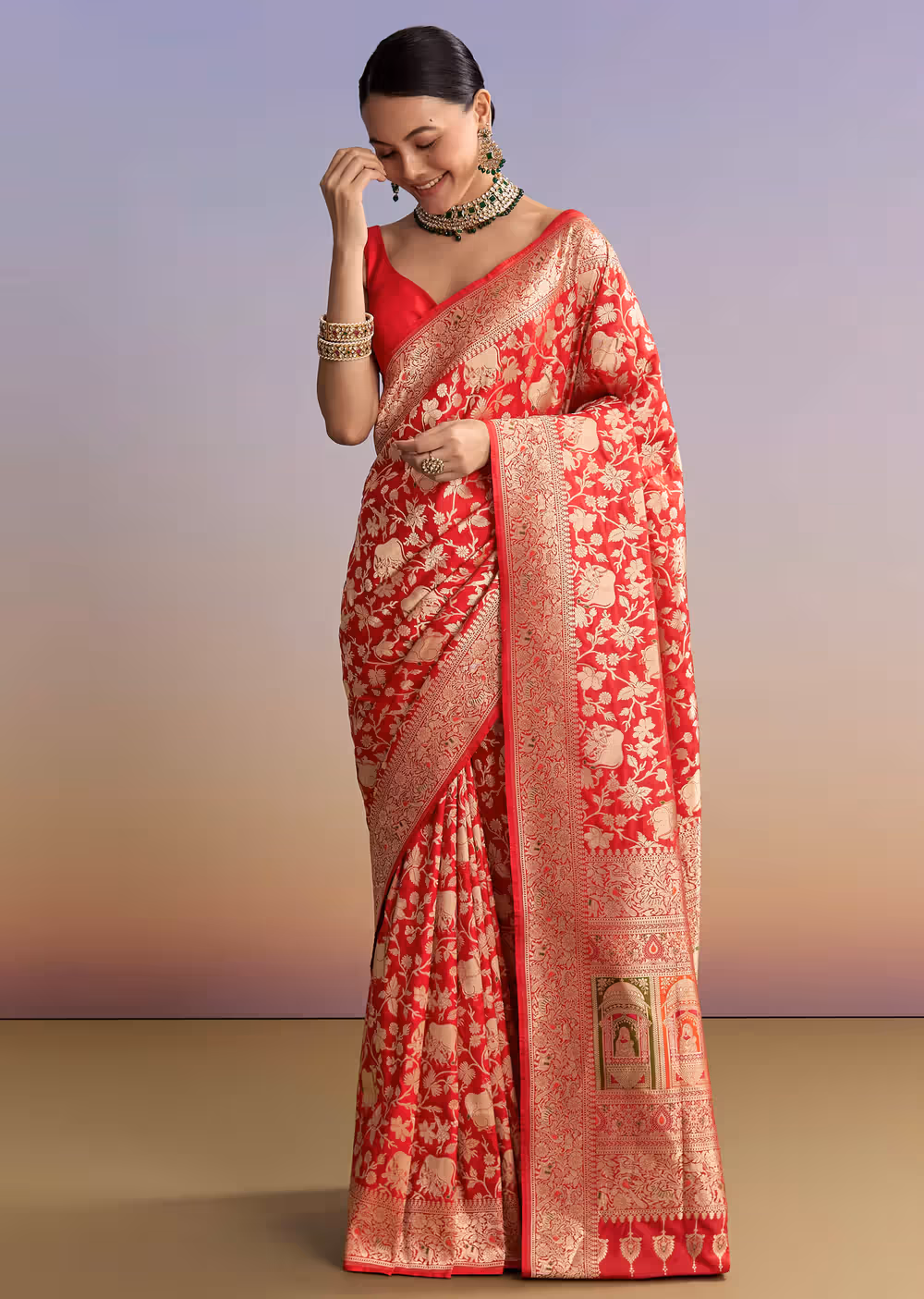 Home red silk handwoven banarasi saree with floral zari jaal work sg342739 1
